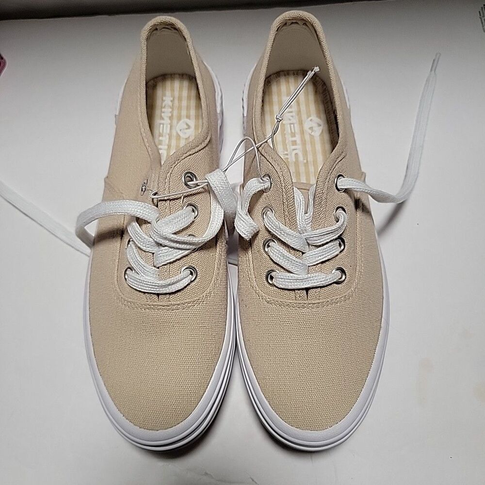 Kinetic Energy Womens Memory Foam Lace Up Canvas Sneakers Shoes Beige White Sz 8
